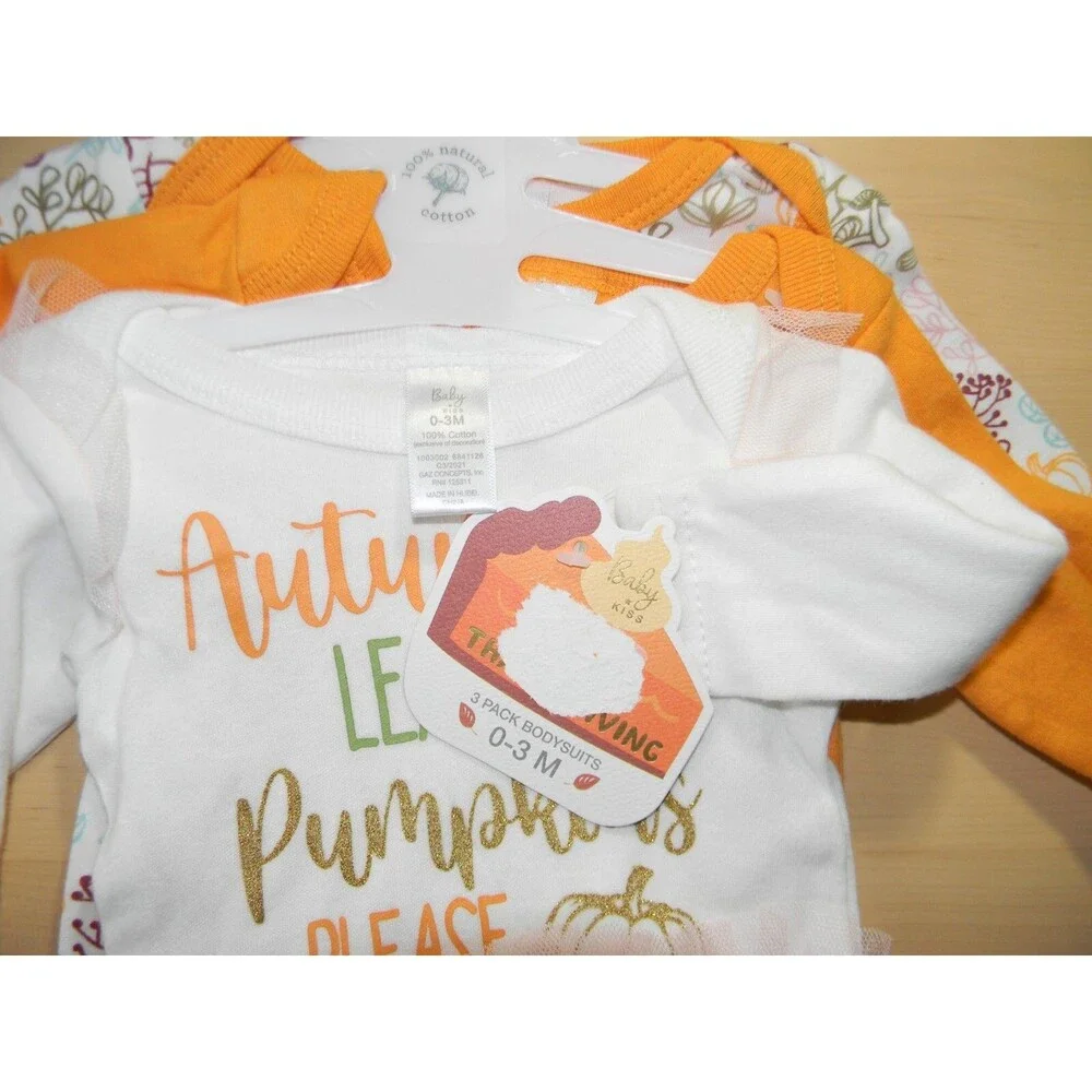 Baby Kiss 3 Bodysuits Fall Thanksgiving Autumn Pumpkin Orange 0-3M NWT
